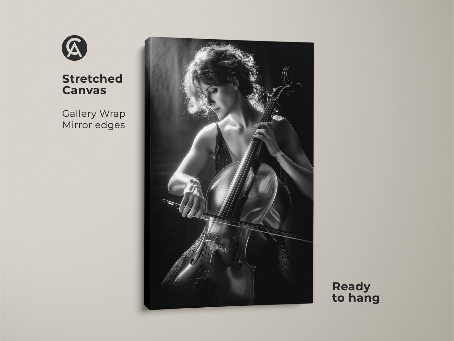 Stretched canvas featuring monochrome cello player art. This black and white cello print is ready to hang. Gallery wrapped with mirrored edges offering musician gift wall art.