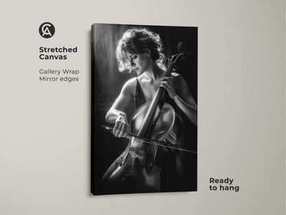 Stretched canvas featuring monochrome cello player art. This black and white cello print is ready to hang. Gallery wrapped with mirrored edges offering musician gift wall art.