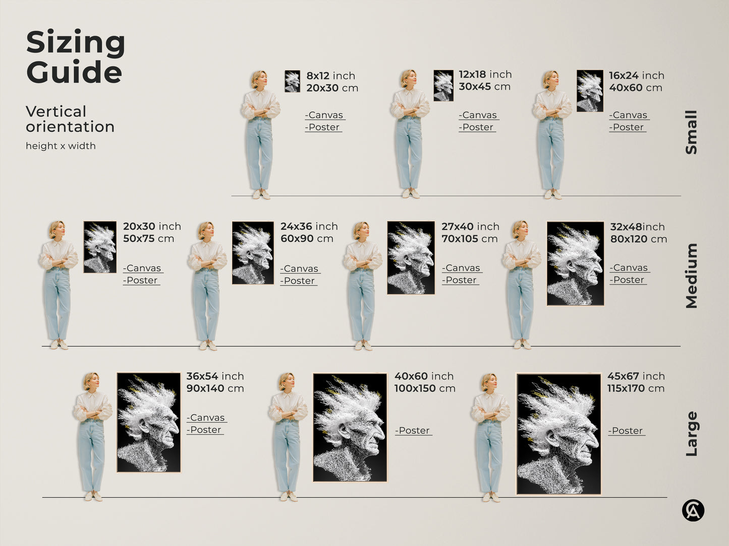 Sizing guide for vertical artwork featuring an elderly man with white mohawk hair. Available as canvas or poster in small medium and large sizes. Choose the perfect size for your space. Find the right fit for your wall.