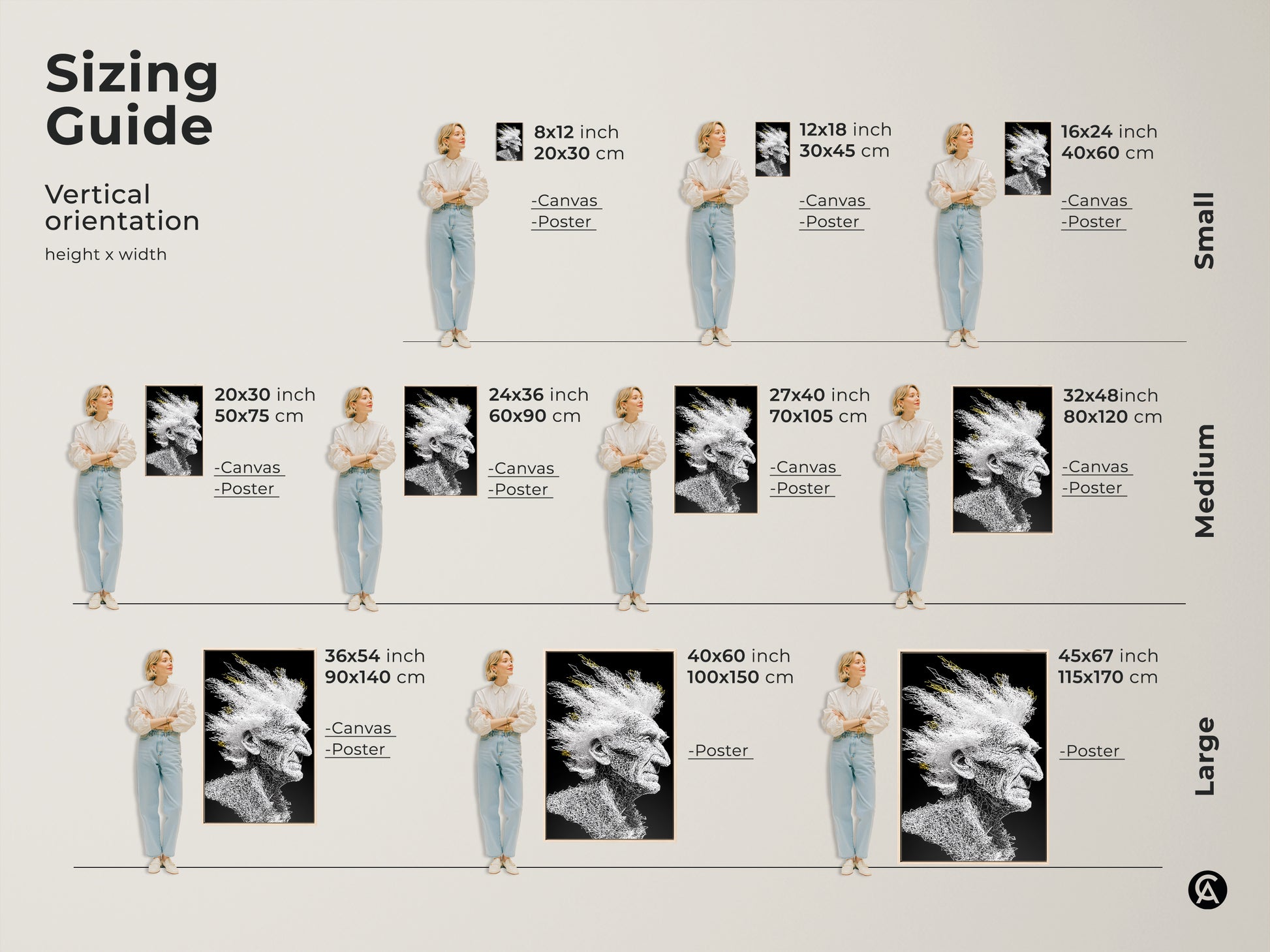 Sizing guide for vertical artwork featuring an elderly man with white mohawk hair. Available as canvas or poster in small medium and large sizes. Choose the perfect size for your space. Find the right fit for your wall.