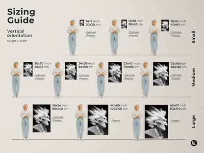 Sizing guide for vertical artwork featuring an elderly man with white mohawk hair. Available as canvas or poster in small medium and large sizes. Choose the perfect size for your space. Find the right fit for your wall.
