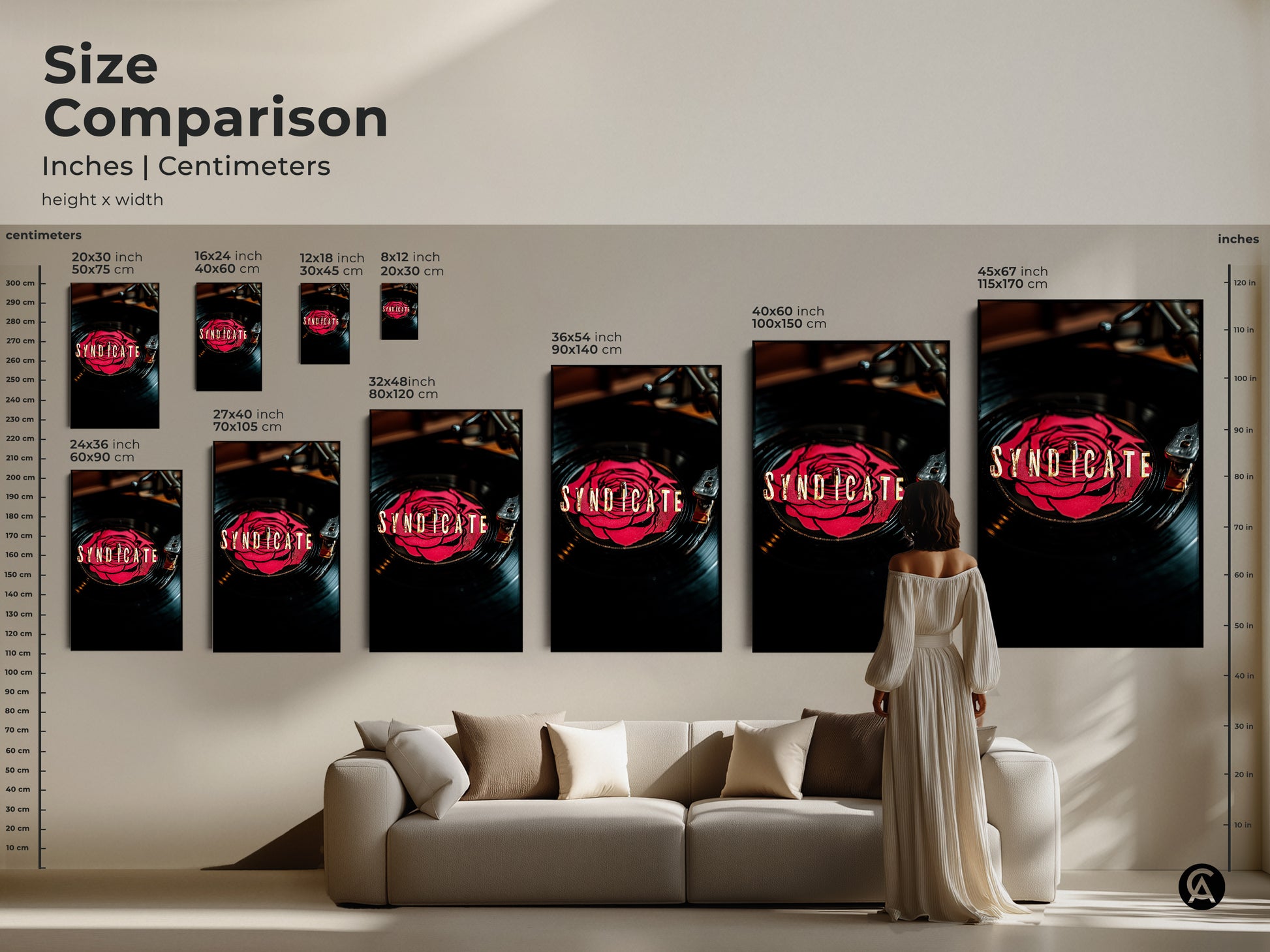 Size comparison of Syndicate vinyl record art. A variety of canvas and poster print sizes are displayed above a couch. Choose the perfect size for your home decor. This is a modern retro canvas.