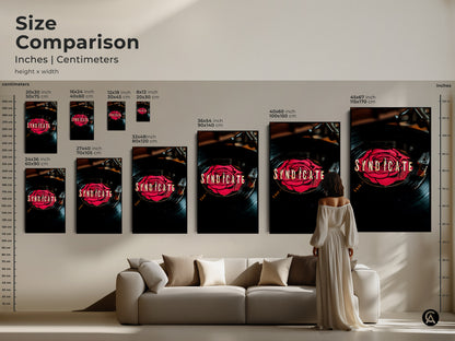 Size comparison of Syndicate vinyl record art. A variety of canvas and poster print sizes are displayed above a couch. Choose the perfect size for your home decor. This is a modern retro canvas.