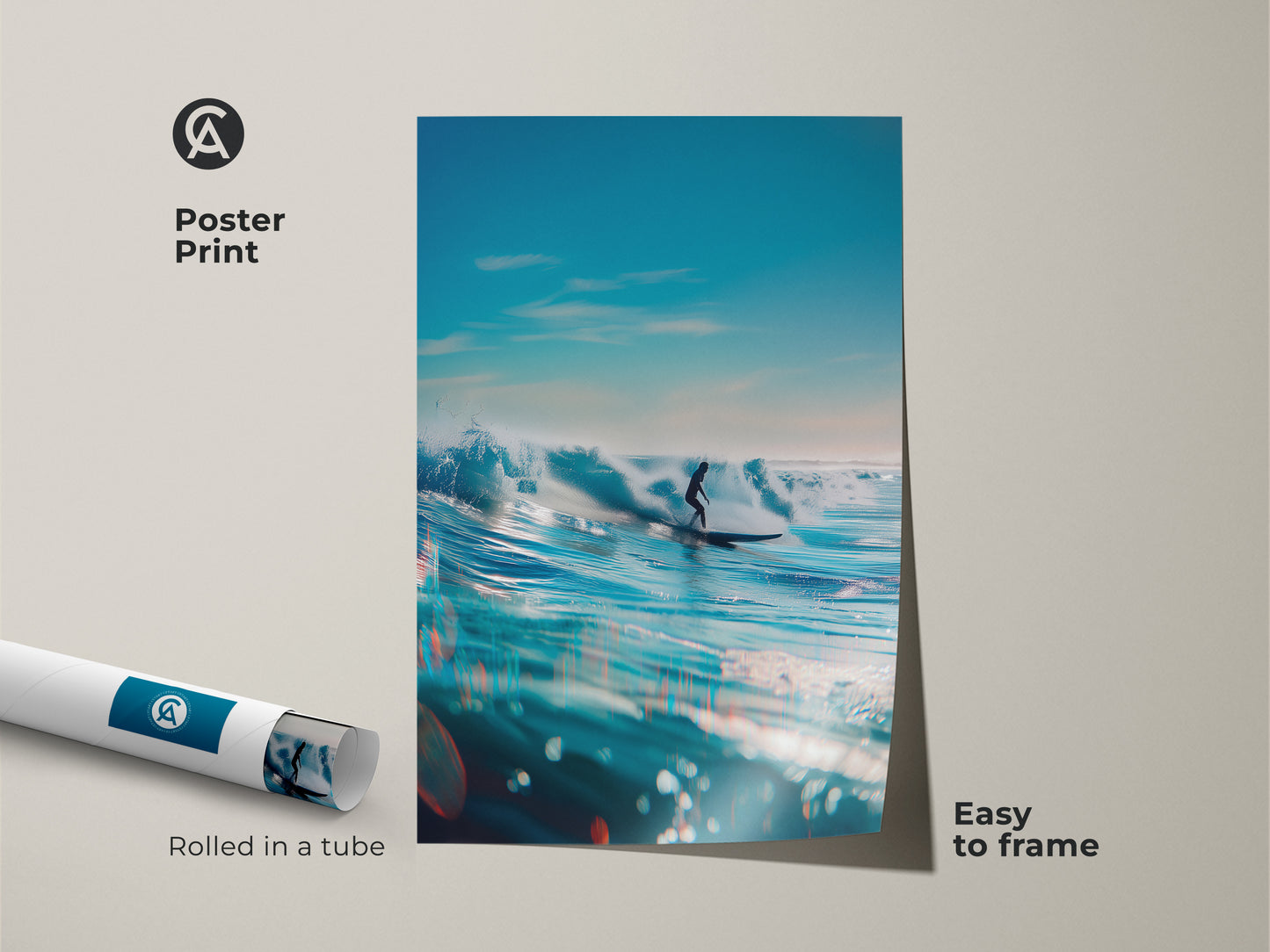 Poster print of a surfer riding a wave. This easy-to-frame art print captures the beauty of the ocean. The surfer glides along a blue wave beneath a clear sky. Rolled in a tube for protection this poster is perfect for any surf art fan.