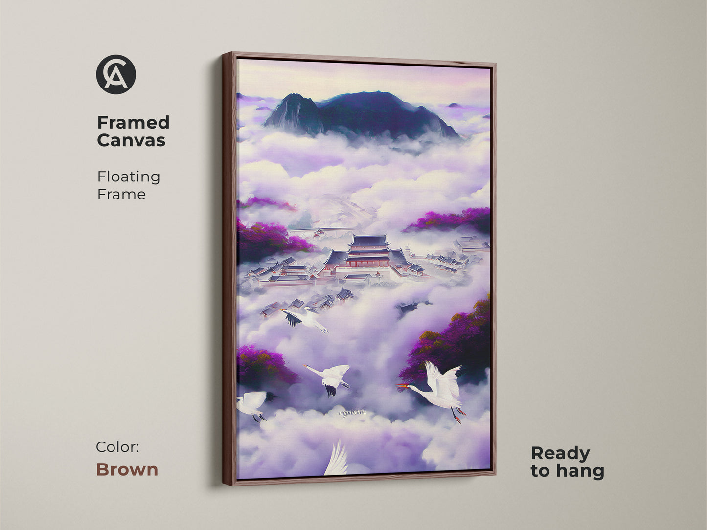 Framed canvas Ukiyo-e Japanese Palace art. The brown floating frame enhances the flying cranes artwork. This violet indigo fantasy landscape creates a Zen mood. This purple bedroom wall decor is ready to hang. It's an ideal eclectic art piece.