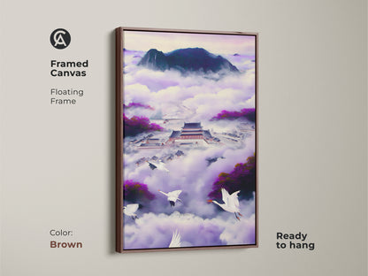Framed canvas Ukiyo-e Japanese Palace art. The brown floating frame enhances the flying cranes artwork. This violet indigo fantasy landscape creates a Zen mood. This purple bedroom wall decor is ready to hang. It's an ideal eclectic art piece.