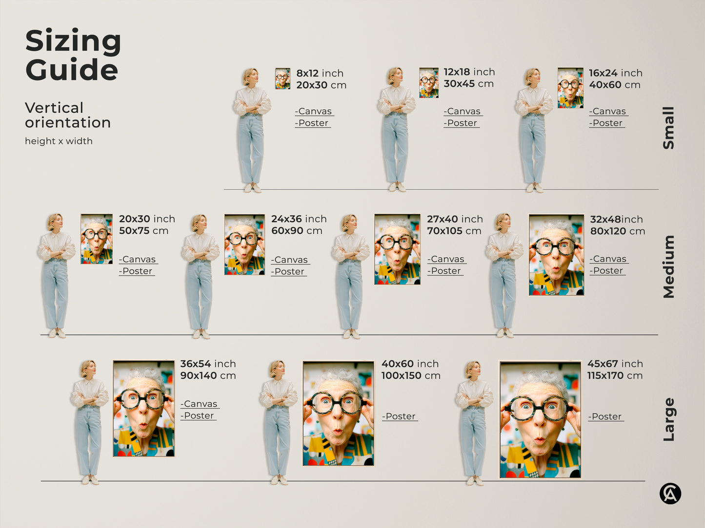 Sizing guide for vertical artwork featuring a woman with glasses. Available in canvas and poster options. See the height and width dimensions for small medium and large sizes.