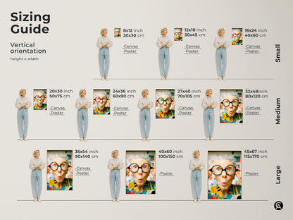 Sizing guide for vertical artwork featuring a woman with glasses. Available in canvas and poster options. See the height and width dimensions for small medium and large sizes.