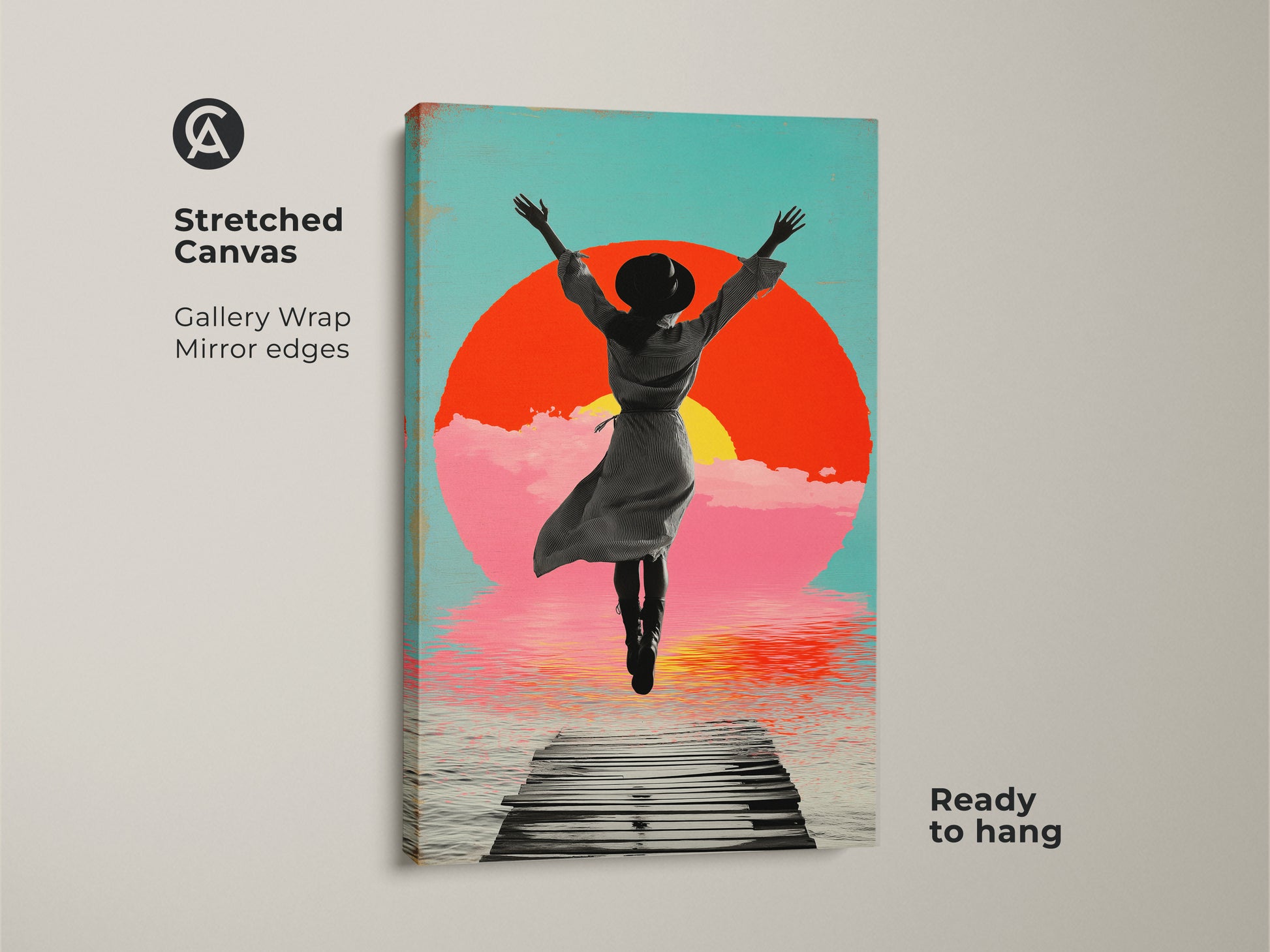 Stretched Canvas art featuring a woman jumping towards an orange sunset over a pier. This boho surreal artwork includes gallery wrapped edges ready to hang. It uses aqua and pink figurative landscape for a retro aesthetic.