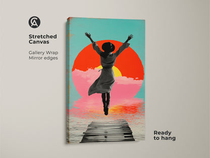 Stretched Canvas art featuring a woman jumping towards an orange sunset over a pier. This boho surreal artwork includes gallery wrapped edges ready to hang. It uses aqua and pink figurative landscape for a retro aesthetic.