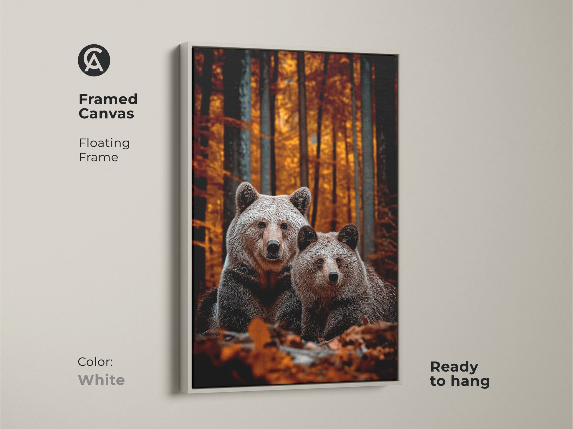 White framed canvas showcasing realistic bear family art. The floating frame is ready to hang. This rustic wildlife art will enhance your bedroom decor. The cozy autumn forest artwork is perfect for nature lovers. A great housewarming gift option. This art features warm rustic tones. The color is White