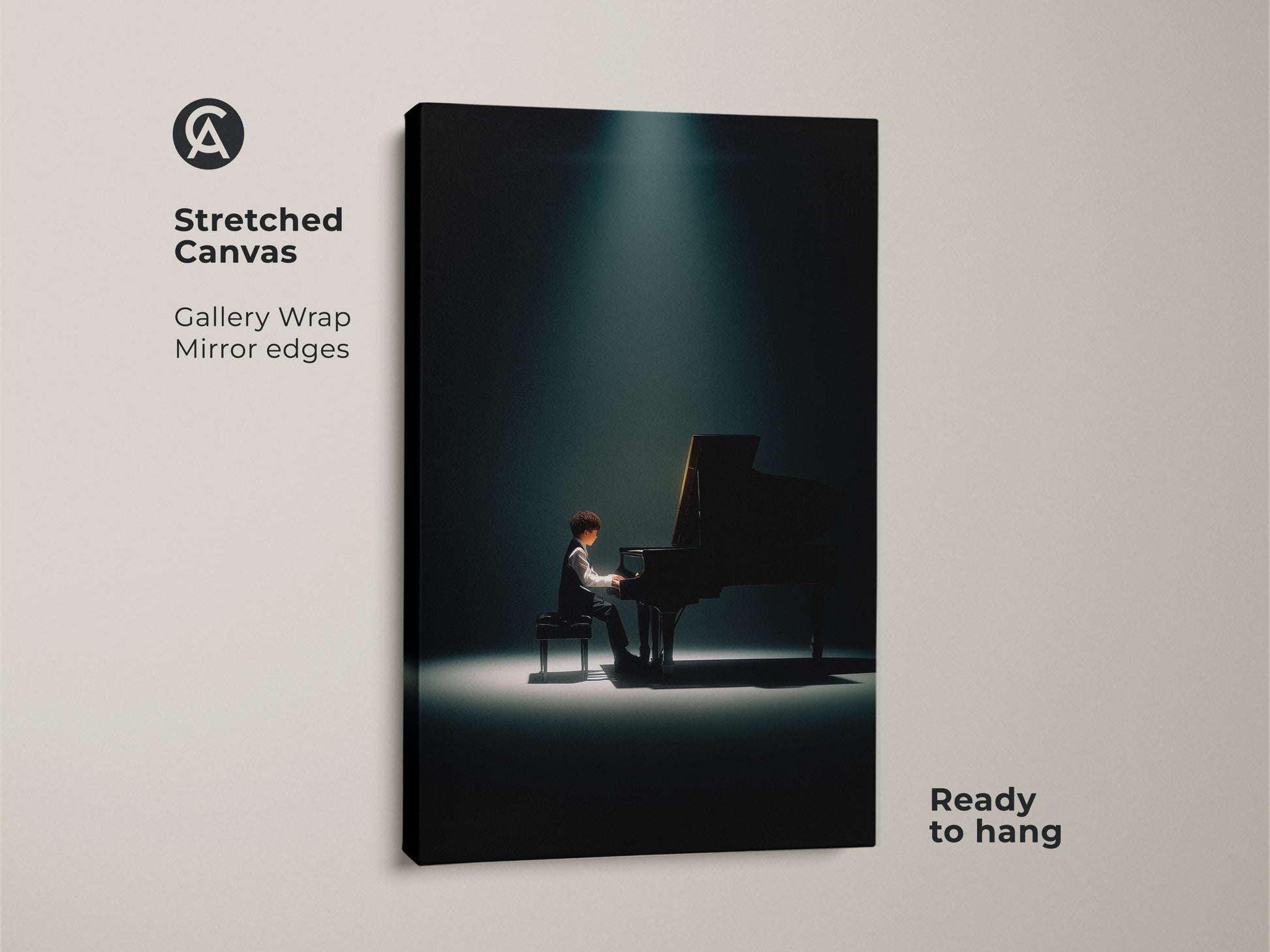 A stretched canvas showcases a pianist bathed in light. This gallery-wrapped artwork has mirrored edges for a seamless look. Buy this ready-to-hang canvas and elevate your home decor today.