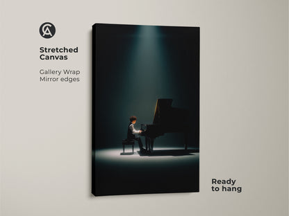 A stretched canvas showcases a pianist bathed in light. This gallery-wrapped artwork has mirrored edges for a seamless look. Buy this ready-to-hang canvas and elevate your home decor today.