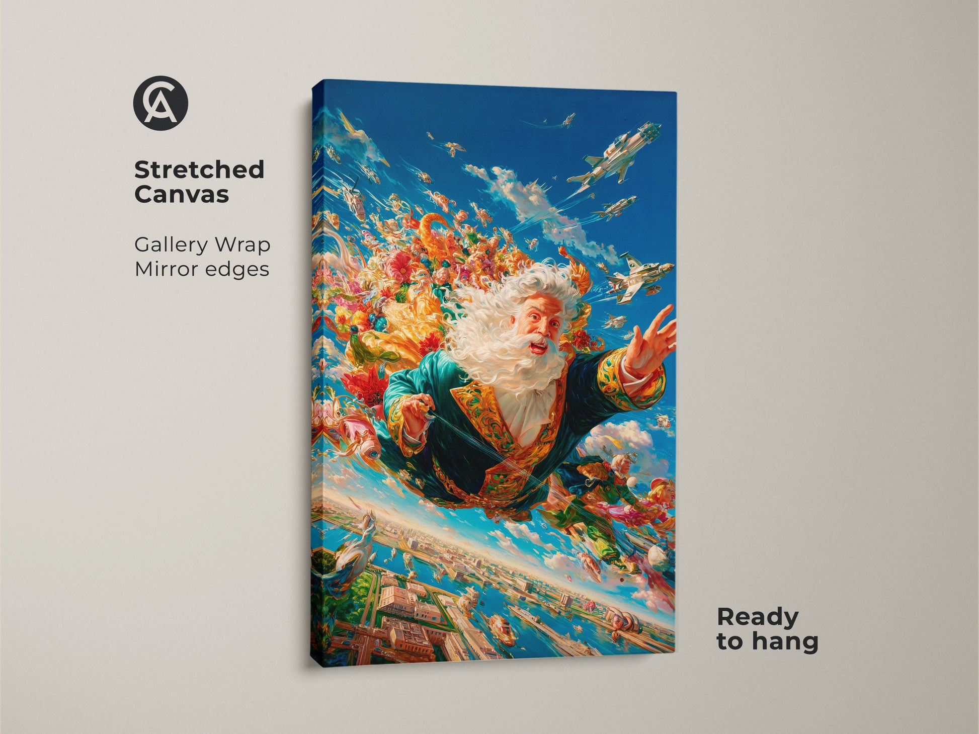 Stretched canvas art print shows Santa Claus skydiving. The artwork features Santa flying above a detailed cityscape. Airplanes and colorful floral elements surround him. The gallery wrapped canvas has mirror edges and is ready to hang.