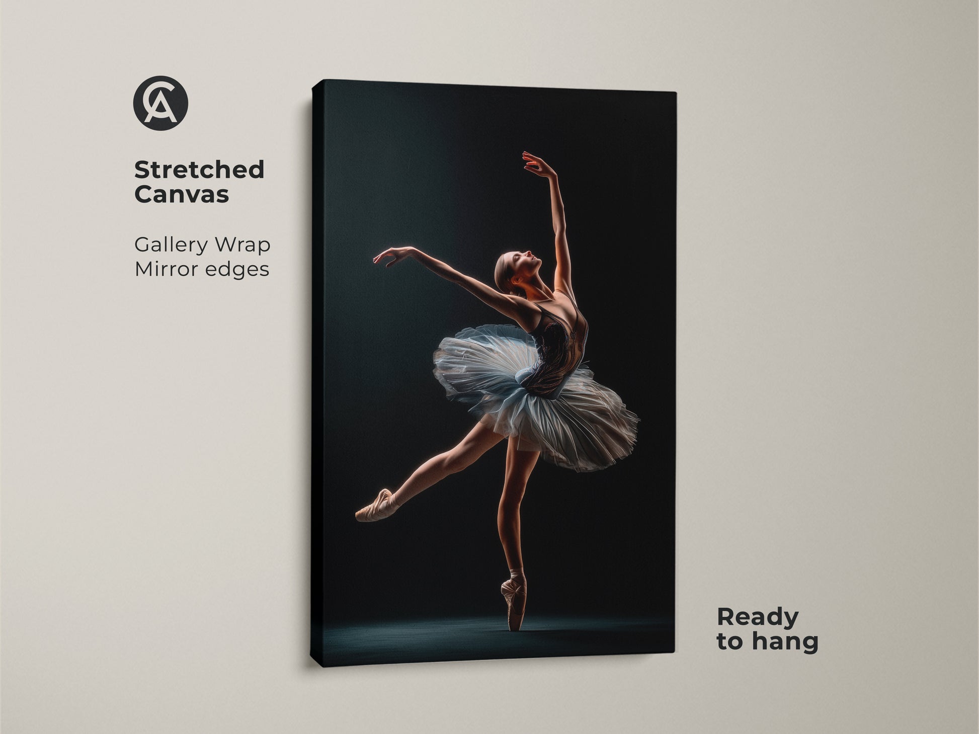 Stretched canvas art print of a ballerina. The gallery-wrapped canvas features mirror edges. The artwork is ready to hang. A stunning piece for ballet enthusiasts and art collectors alike.