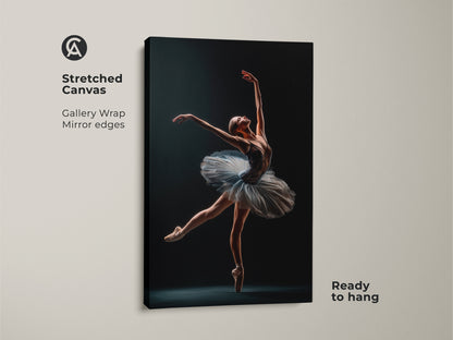 Stretched canvas art print of a ballerina. The gallery-wrapped canvas features mirror edges. The artwork is ready to hang. A stunning piece for ballet enthusiasts and art collectors alike.