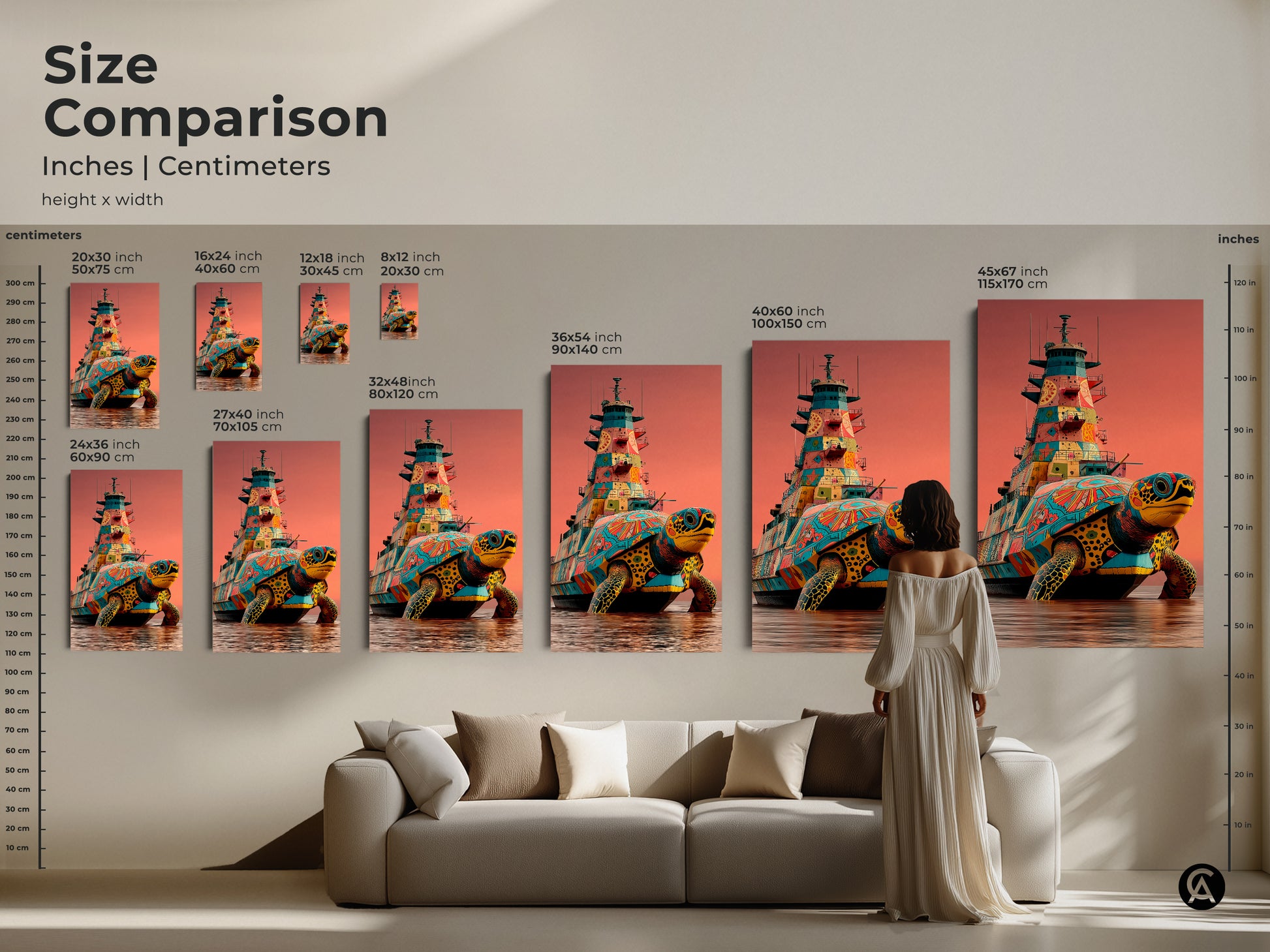 Compare sizes of this surreal turtle battleship canvas print. Visualize the impact of different dimensions in inches and centimeters. This pop art turtle canvas merges fantasy animal artwork with vibrant teal orange yellow hues. Transform your living space with this unique eclectic wall hanging. Add a touch of marine life charm to your home decor