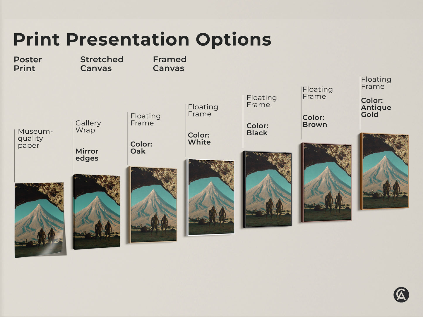 Explore print presentation options for surreal fantasy landscape art. Options include poster prints stretched canvas and framed canvas. The artwork features tribal warriors in earth tones. Find the perfect mountain peak scene art for your space.