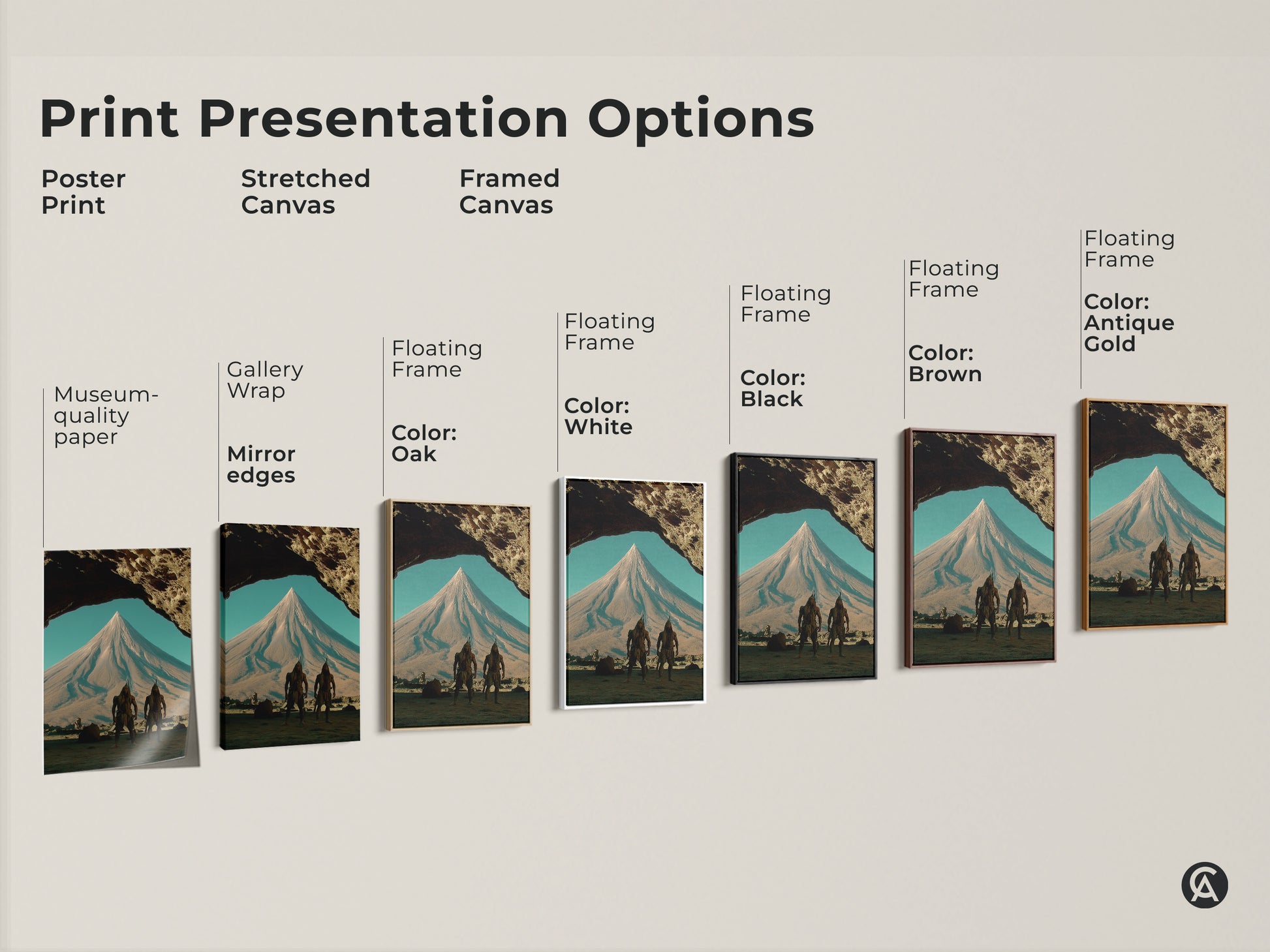 Explore print presentation options for surreal fantasy landscape art. Options include poster prints stretched canvas and framed canvas. The artwork features tribal warriors in earth tones. Find the perfect mountain peak scene art for your space.