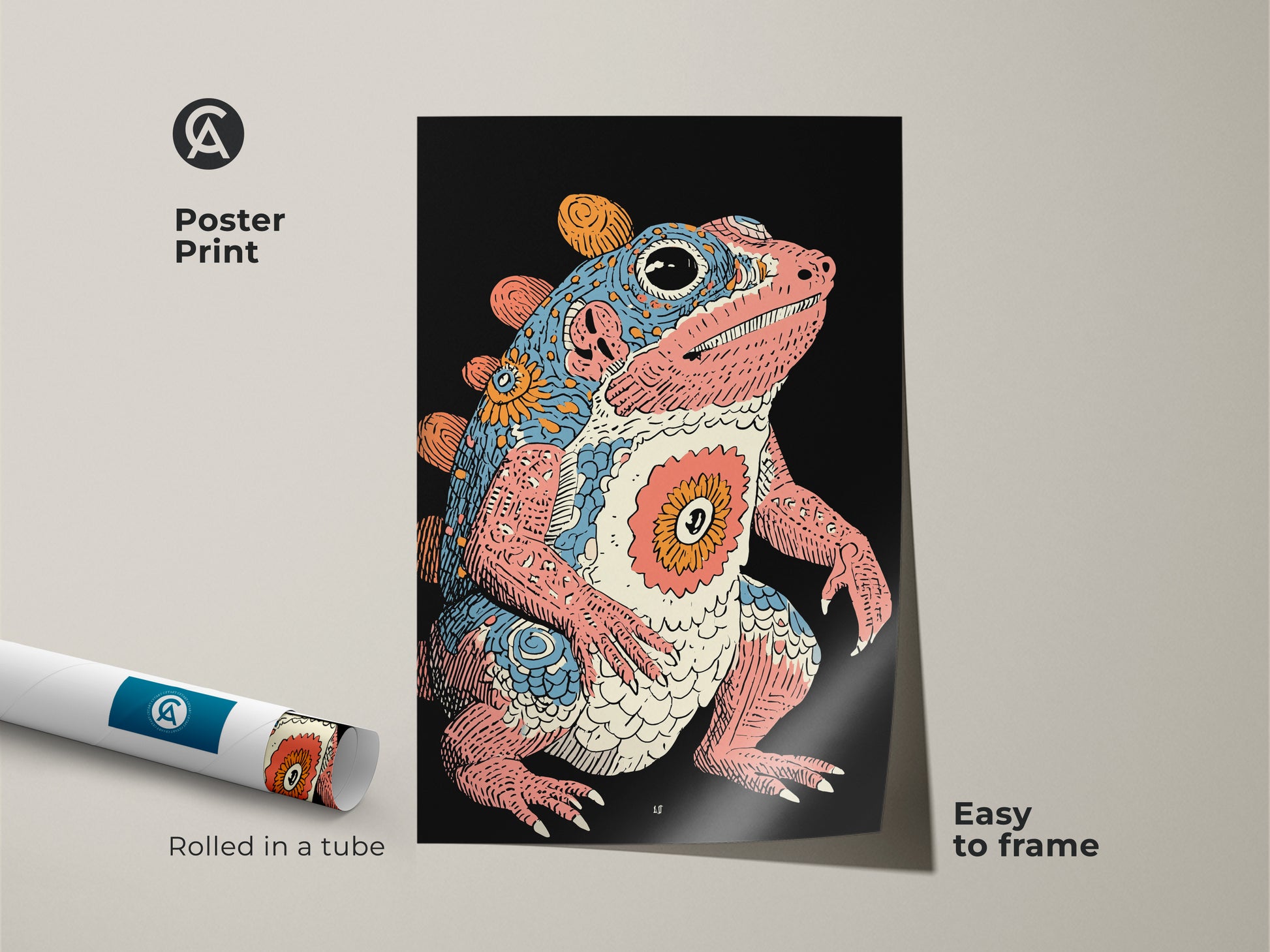 This poster print features a vibrant psychedelic frog. The retro creature is easy to frame. Rolled in a tube it ensures safe delivery. The fantasy amphibian art is a unique piece. The pink blue and orange colors add an eclectic touch. Perfect for quirky home decor.