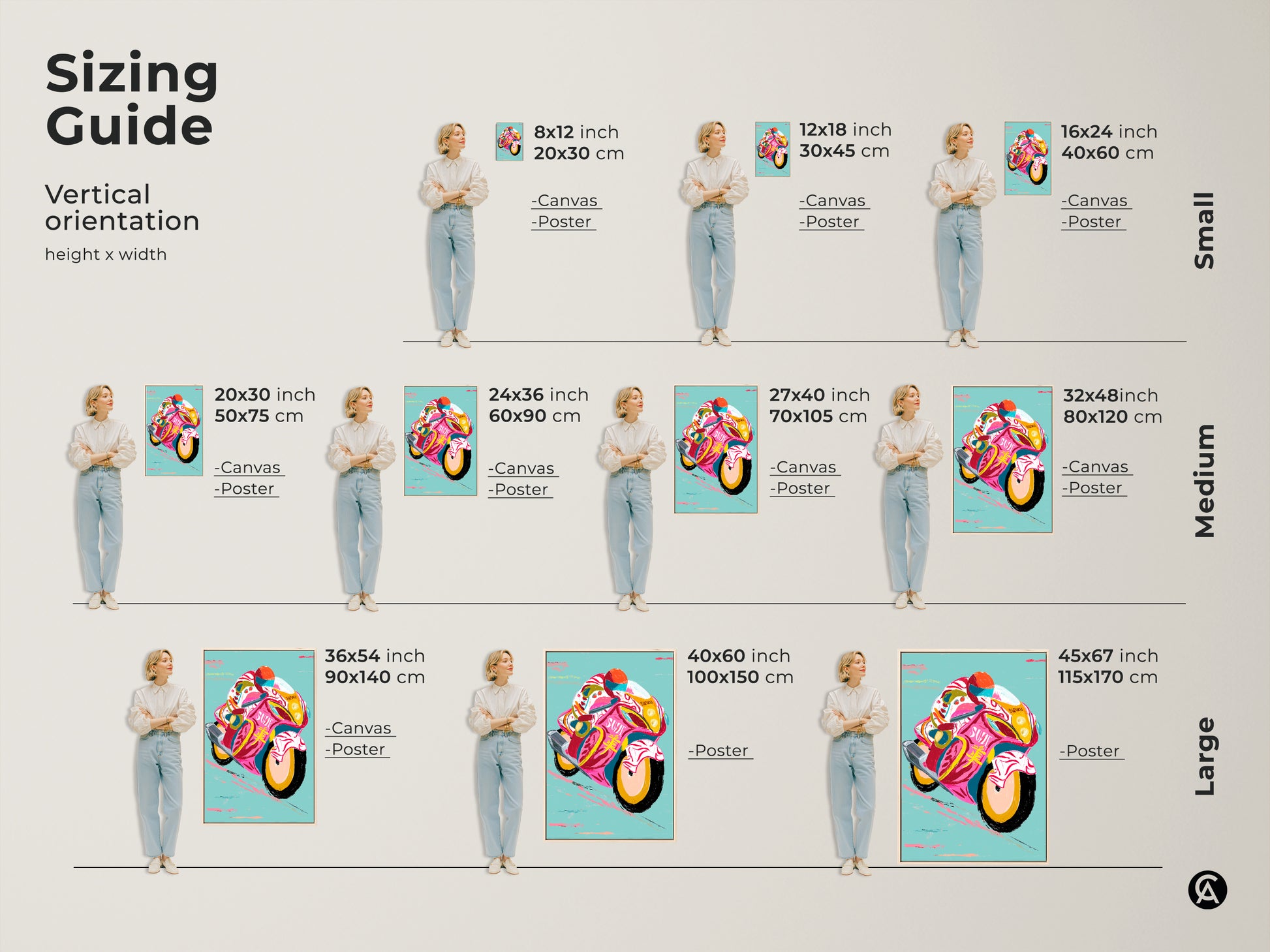 Sizing guide showing the motorcycle art in different sizes. Choose the perfect canvas or poster to complement your space and create a focal point for your garage or man cave wall decor.