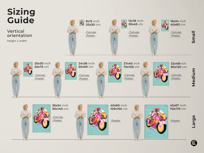 Sizing guide showing the motorcycle art in different sizes. Choose the perfect canvas or poster to complement your space and create a focal point for your garage or man cave wall decor.