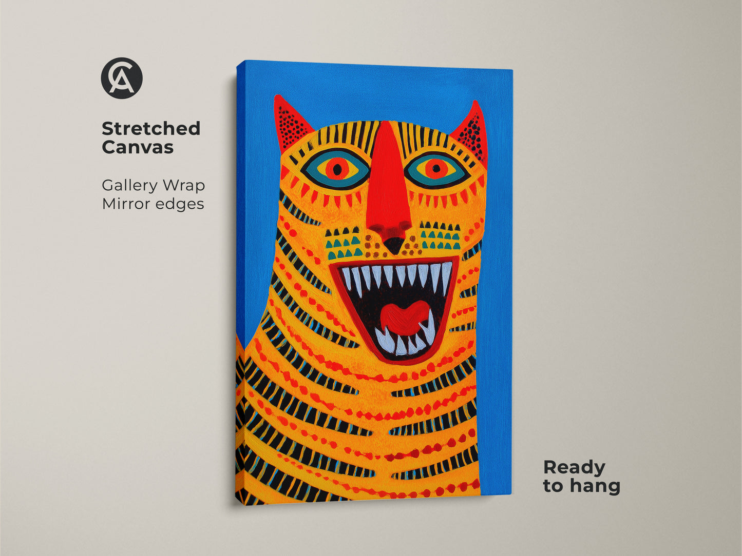Framed Canvas features a bold abstract tiger artwork. It is a folk art animal print. The vibrant yellow and blue canvas brings eclectic home decor art. This animal lover birthday gift is a unique tiger artwork. It's a red and blue art print.
