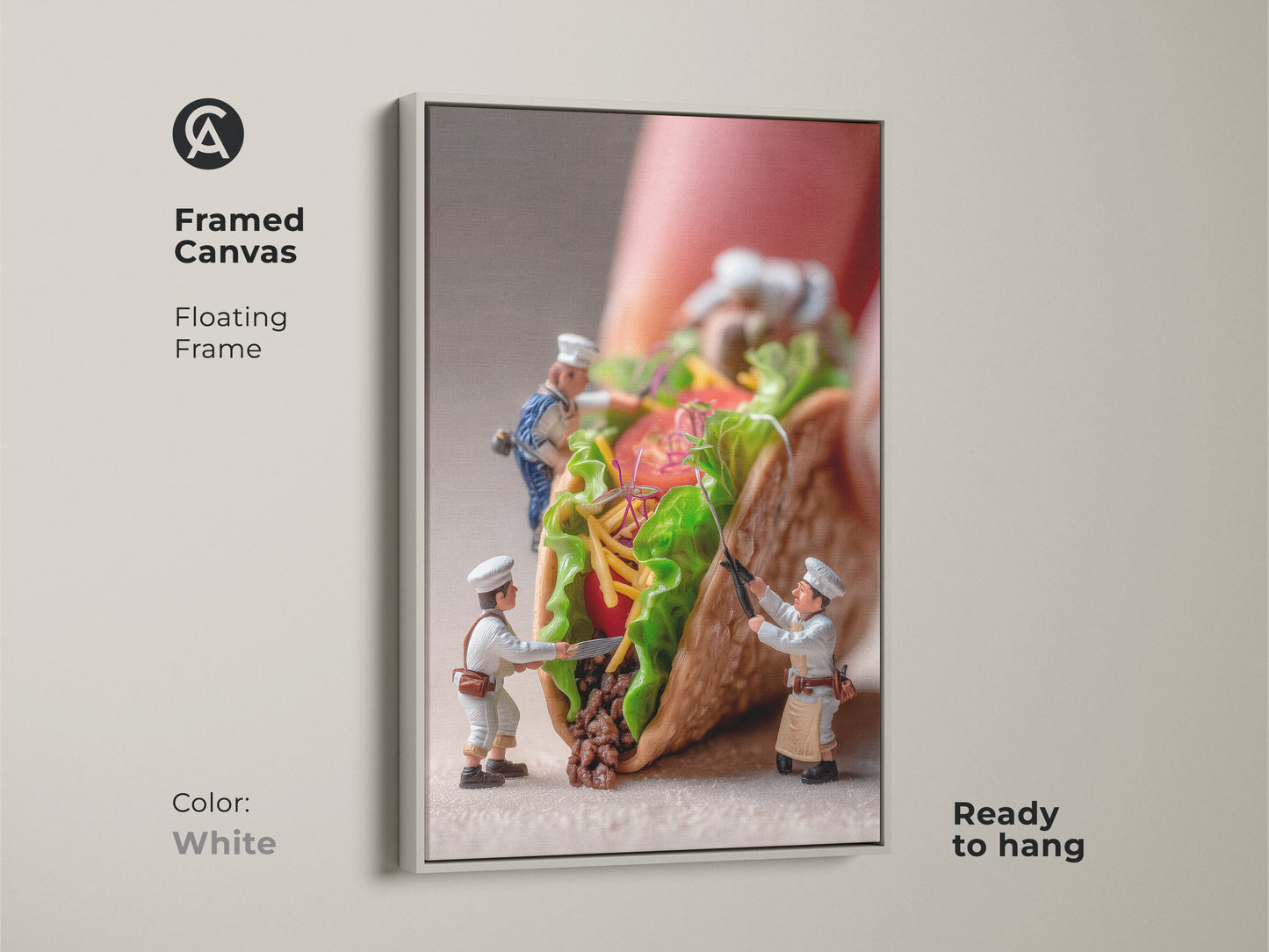 This framed canvas artwork displays tiny chefs making a huge taco. The floating frame in white adds warmth to this food art. It's ready to hang and ideal for kitchen decoration. A unique and playful piece that brings an artistic touch to your home. Get yours today.