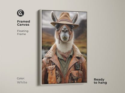 Bring charm to your home with this framed canvas featuring a photorealistic llama. The floating frame complements the wildlife art. This rustic explorer llama print is ready to hang with a white frame. The savanna landscape art adds a touch of adventure.