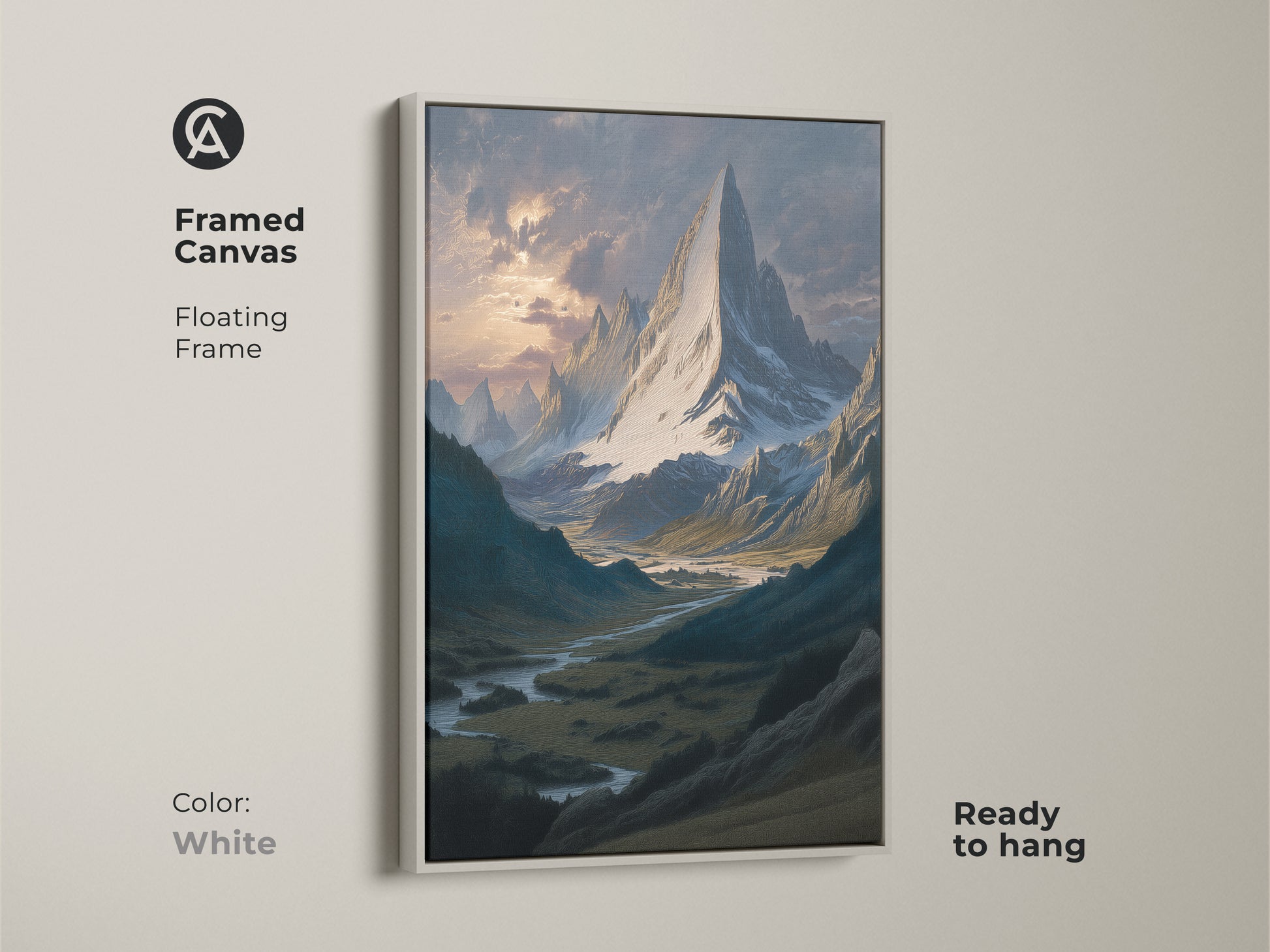 White framed canvas of a majestic mountain canvas. It features a floating frame. This traditional artwork shows a serene mountain scene. Ready to hang for living room mountain view. It is a classic landscape painting.