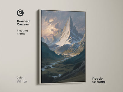 White framed canvas of a majestic mountain canvas. It features a floating frame. This traditional artwork shows a serene mountain scene. Ready to hang for living room mountain view. It is a classic landscape painting.