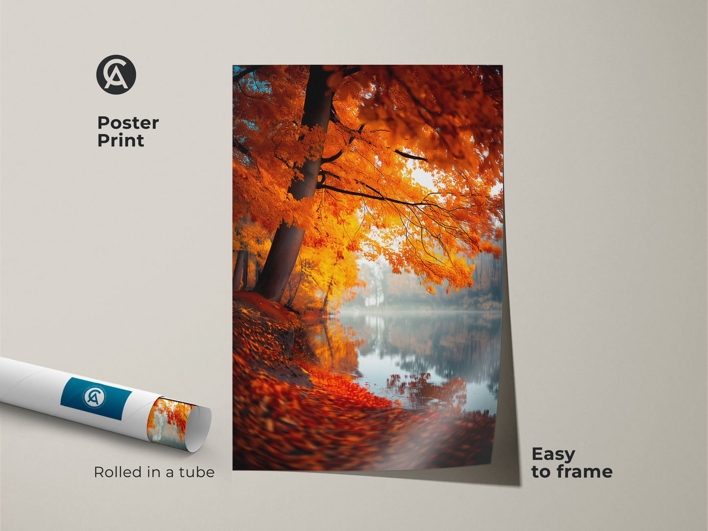 Poster print featuring a scenic autumn lake. The artwork captures a tree with bright orange foliage along the water's edge. This easy-to-frame poster is rolled in a tube for protection. Bring nature indoors with this vibrant print.