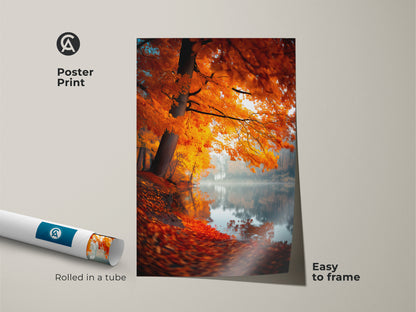 Poster print featuring a scenic autumn lake. The artwork captures a tree with bright orange foliage along the water's edge. This easy-to-frame poster is rolled in a tube for protection. Bring nature indoors with this vibrant print.