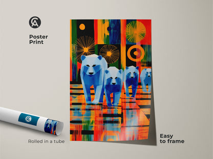 Poster print of a geometric polar bear family artwork. This modern wall art features abstract teal orange and blue elements. Rolled in a tube for easy framing this contemporary animal print is perfect as an animal lover gift. Decorate your home or office space.