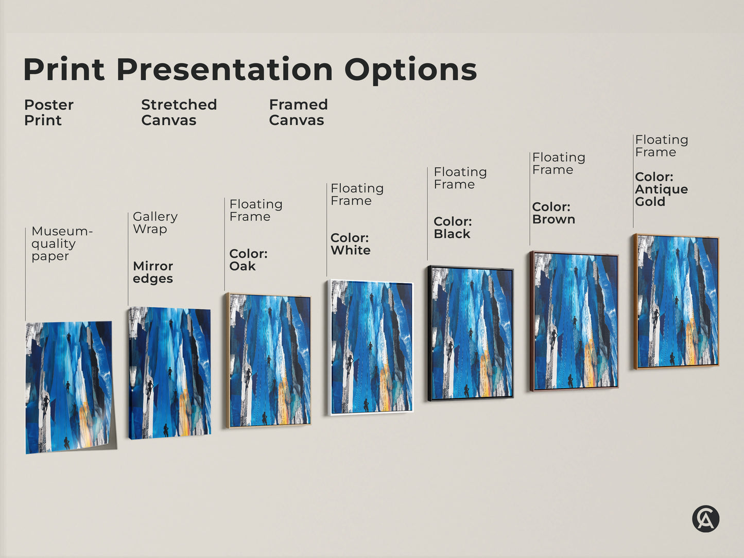 Explore print presentation options for 'Urban Climber Blue Print'. Choose from poster prints stretched canvas and framed canvas. The artwork enhances office workspace art and home decor. Find the perfect match for your space. Museum-quality options available.