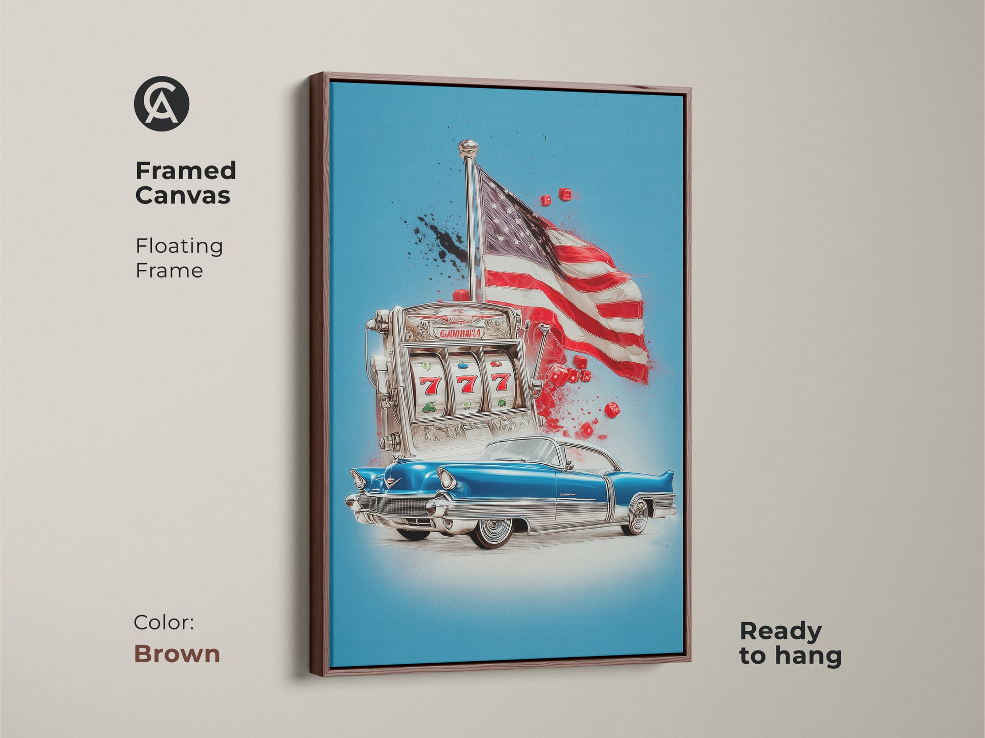 Framed in brown this canvas art print features a retro pop art. A classic car a slot machine and the American Flag create a dynamic Americana theme. The floating frame enhances this office art making it ready to hang as man cave decor or eclectic home artwork.