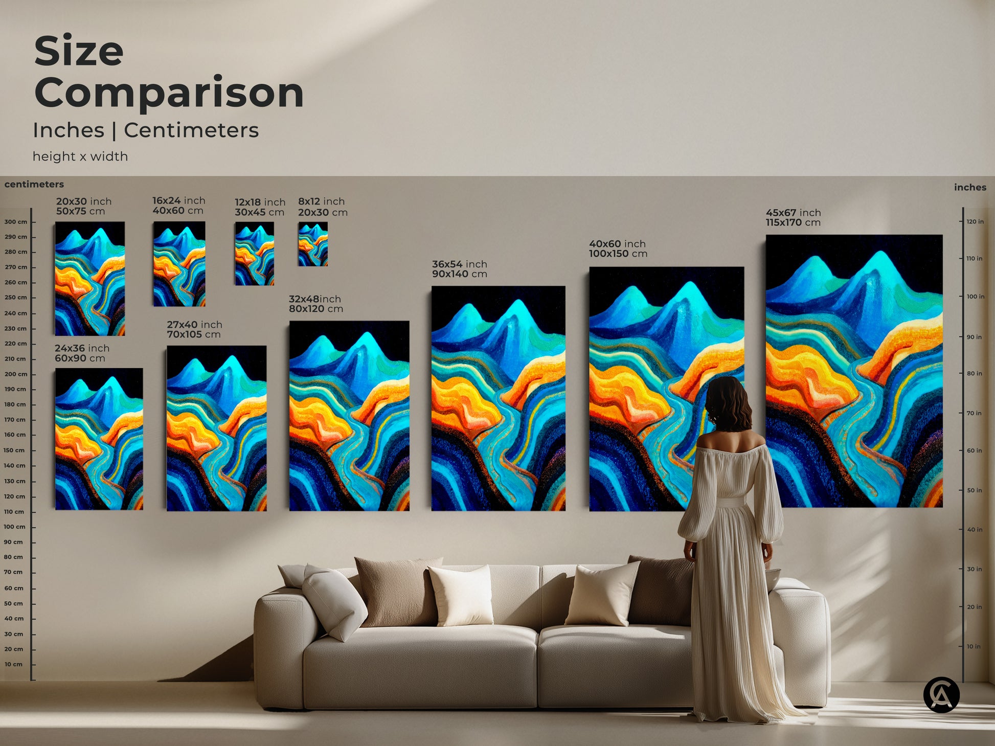 Size comparison of abstract mountain river artwork. See it in various dimensions for your home. The canvas and poster prints enhance your living space. Deep blues and aqua nature themed art.