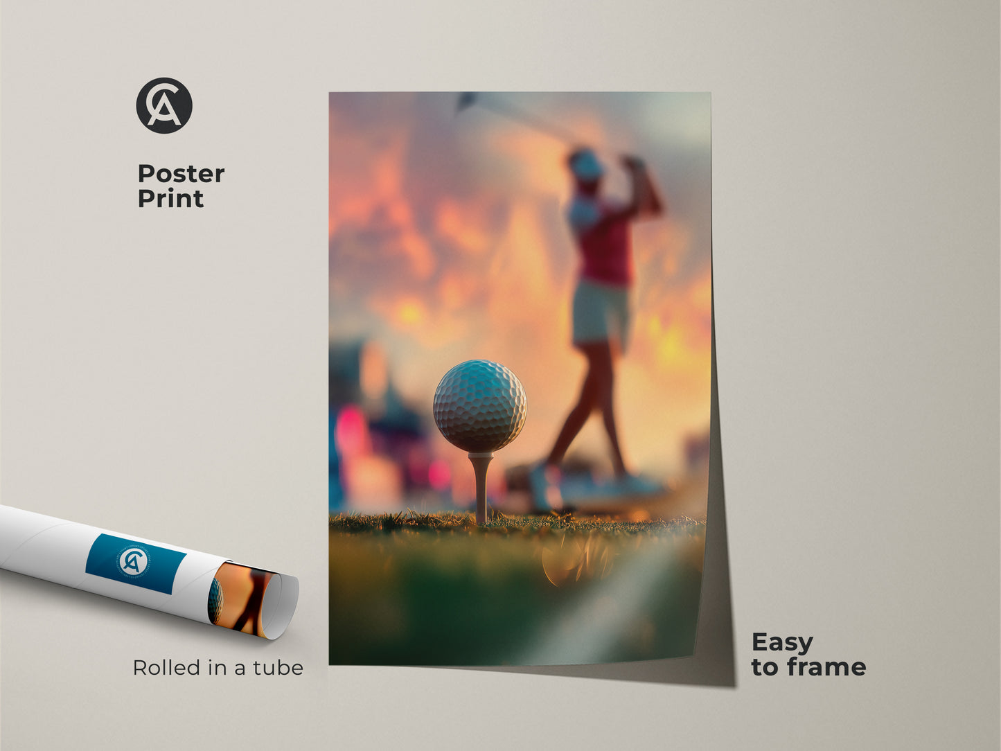 Poster print of a woman golfer at sunset. Rolled in a tube for safe shipping. Easy to frame and display. Perfect for golf art collectors. Enhance your space with this sport themed print. High-quality print captures the details.