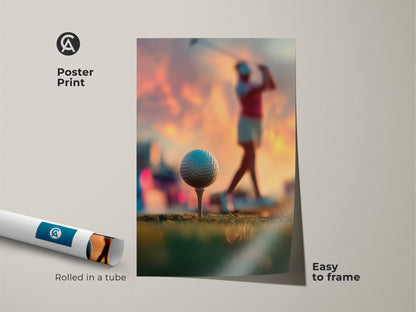 Poster print of a woman golfer at sunset. Rolled in a tube for safe shipping. Easy to frame and display. Perfect for golf art collectors. Enhance your space with this sport themed print. High-quality print captures the details.