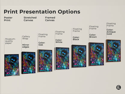 Explore COOLmman art presentation options. Choose from poster prints stretched canvases and framed canvas. Each option showcases the grinning face with sunglasses looming over a psychedelic street scene.