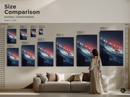 Size comparison of nautical ship artwork in inches and centimeters. Various sizes displayed above a couch to showcase scale. Perfect for visualizing how this dark blue grey and red art will fit in your living room. Find the ideal size for your eclectic home decor.