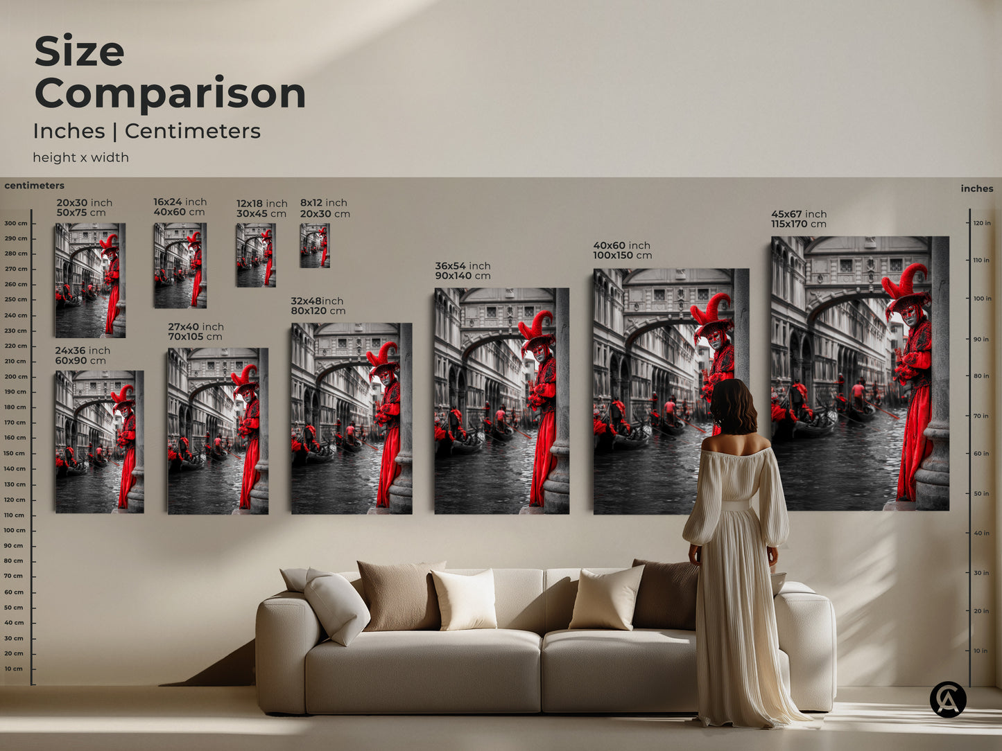 Size comparison of Venetian art prints in inches and centimeters. This artwork is displayed above a sofa to help visualize the scale. Available in various sizes to fit your space perfectly. It's ideal for eclectic home decor.
