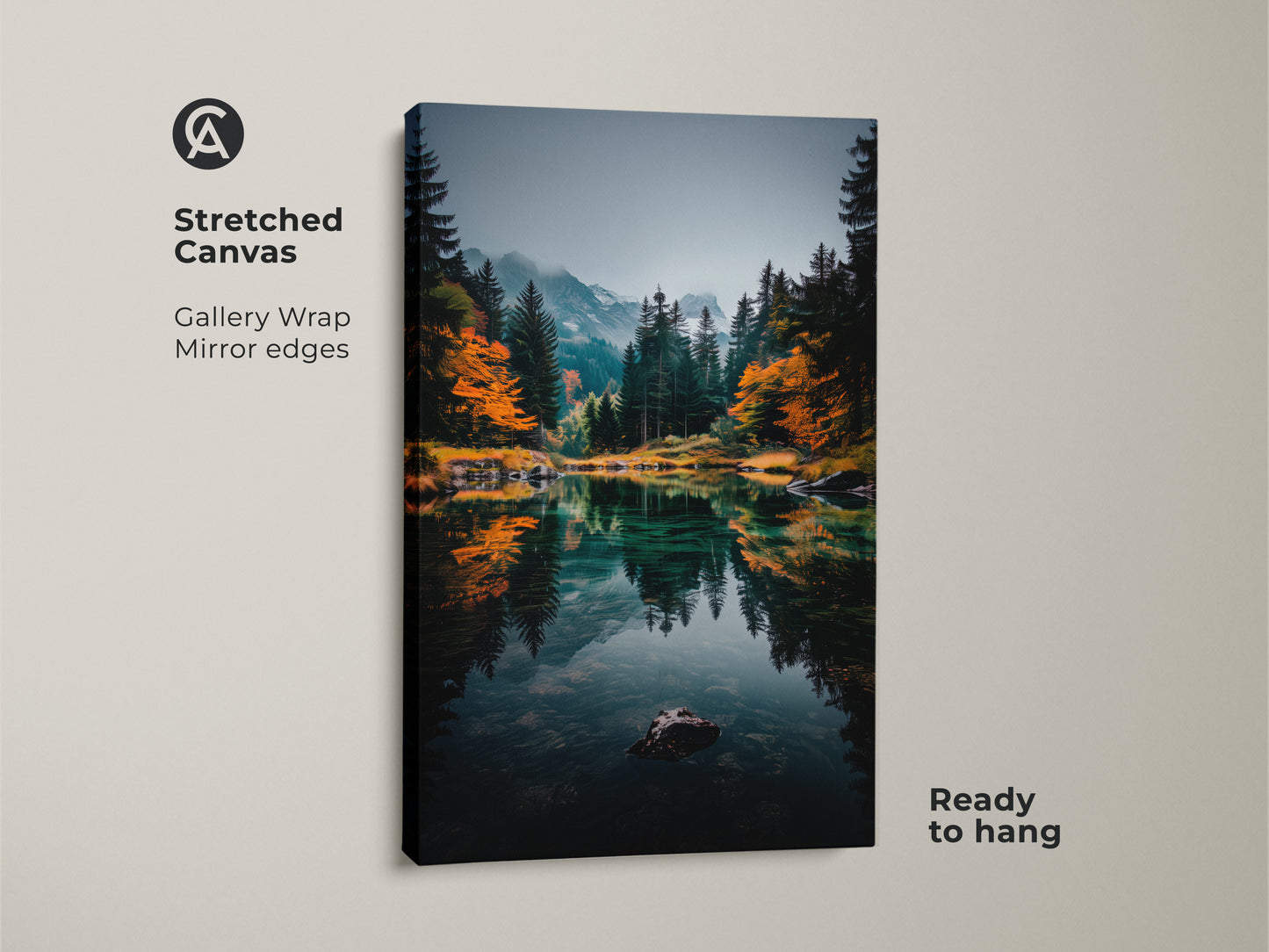 Bring the tranquility of the mountains home with this stretched canvas print. The gallery wrap showcases a pristine lake scene with mirror edges for a seamless look. Ready to hang this artwork instantly enhances any room with natural beauty. Explore now