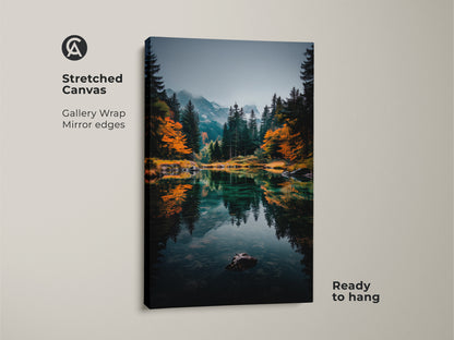 Bring the tranquility of the mountains home with this stretched canvas print. The gallery wrap showcases a pristine lake scene with mirror edges for a seamless look. Ready to hang this artwork instantly enhances any room with natural beauty. Explore now