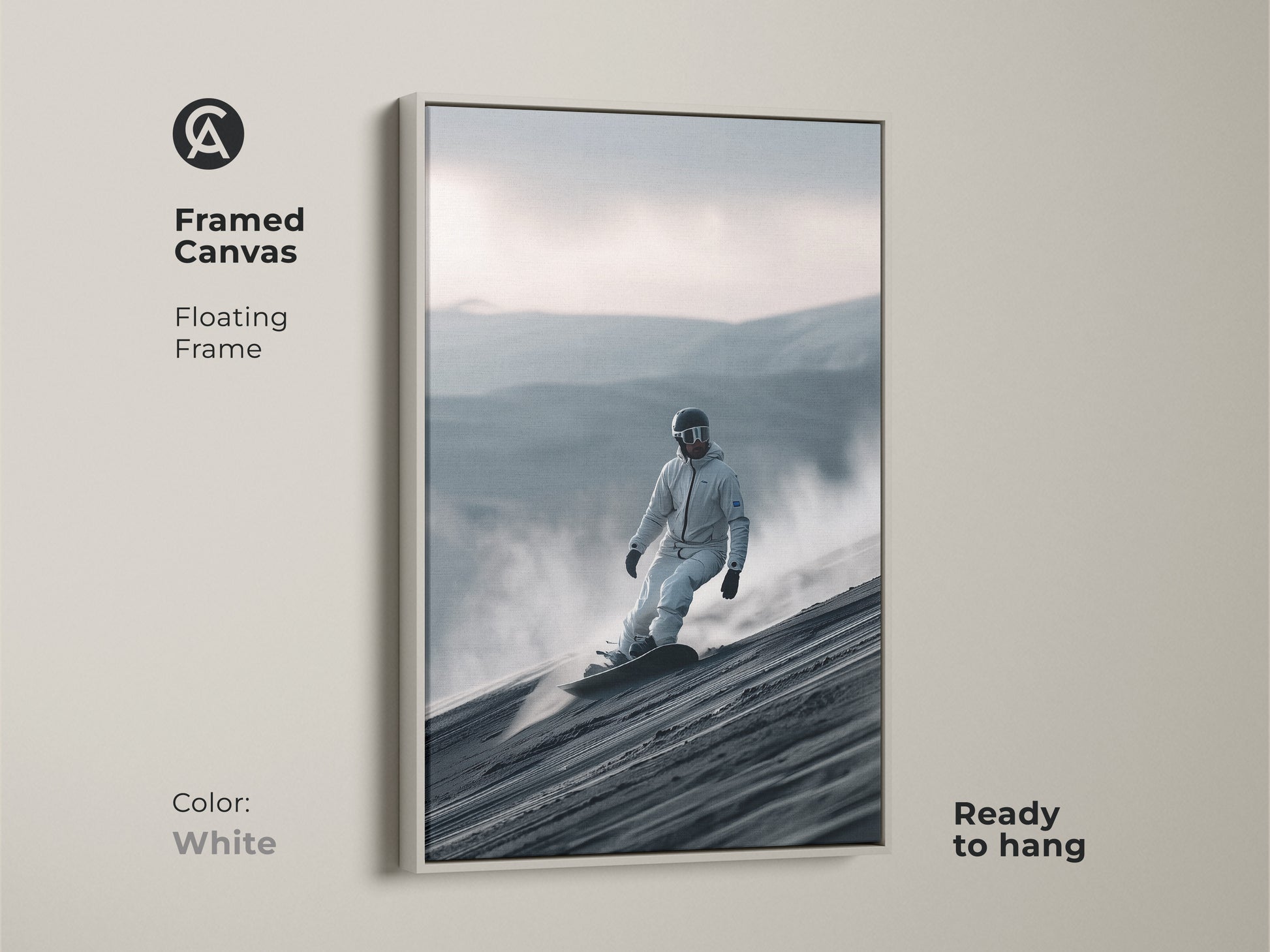 White framed canvas art showcasing a snowboarder on a dune. The floating frame gives a modern look. This ready-to-hang artwork brings adventure to your walls. A clean and stylish piece. Perfect for contemporary homes.