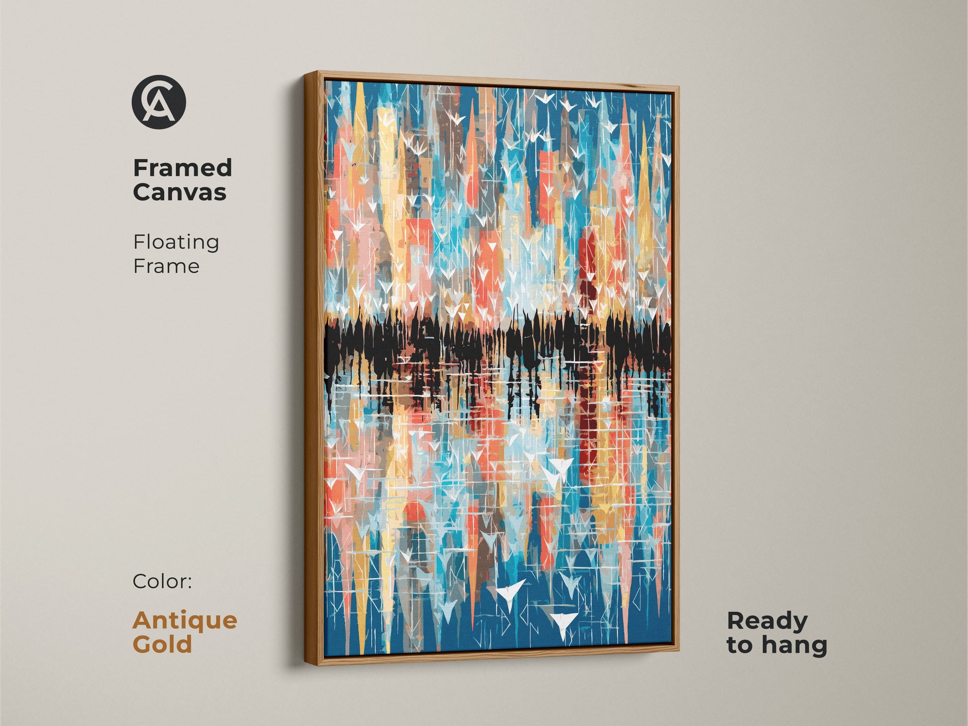 Antique gold frame showcasing abstract canvas artwork. Teal yellow orange blend in a bird cityscape reflection. This framed wall art is ready to hang offering a unique colorful touch. Perfect as a housewarming gift for art enthusiasts.