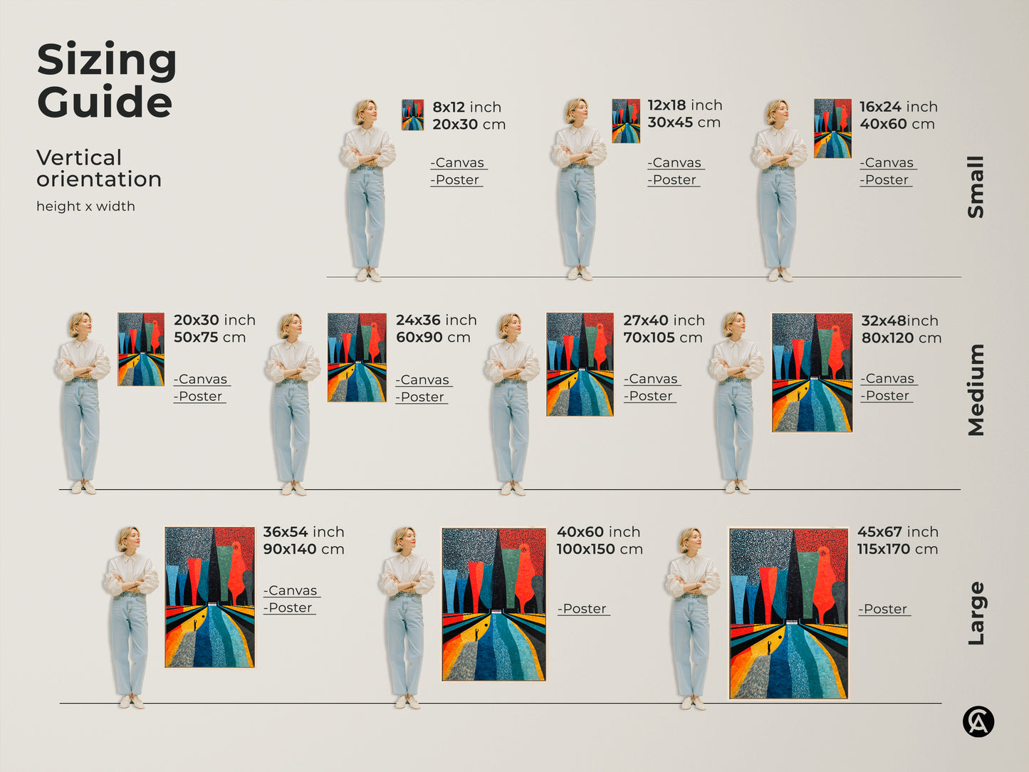 Explore the sizing guide for vertical abstract bowling art. Available in small medium and large canvas or poster prints. Find the perfect fit for your space. The Mid-Century Modern artwork in Orange Yellow and Teal enhances any room. Decorate with this retro inspired design. A perfect gift for bowling lovers.