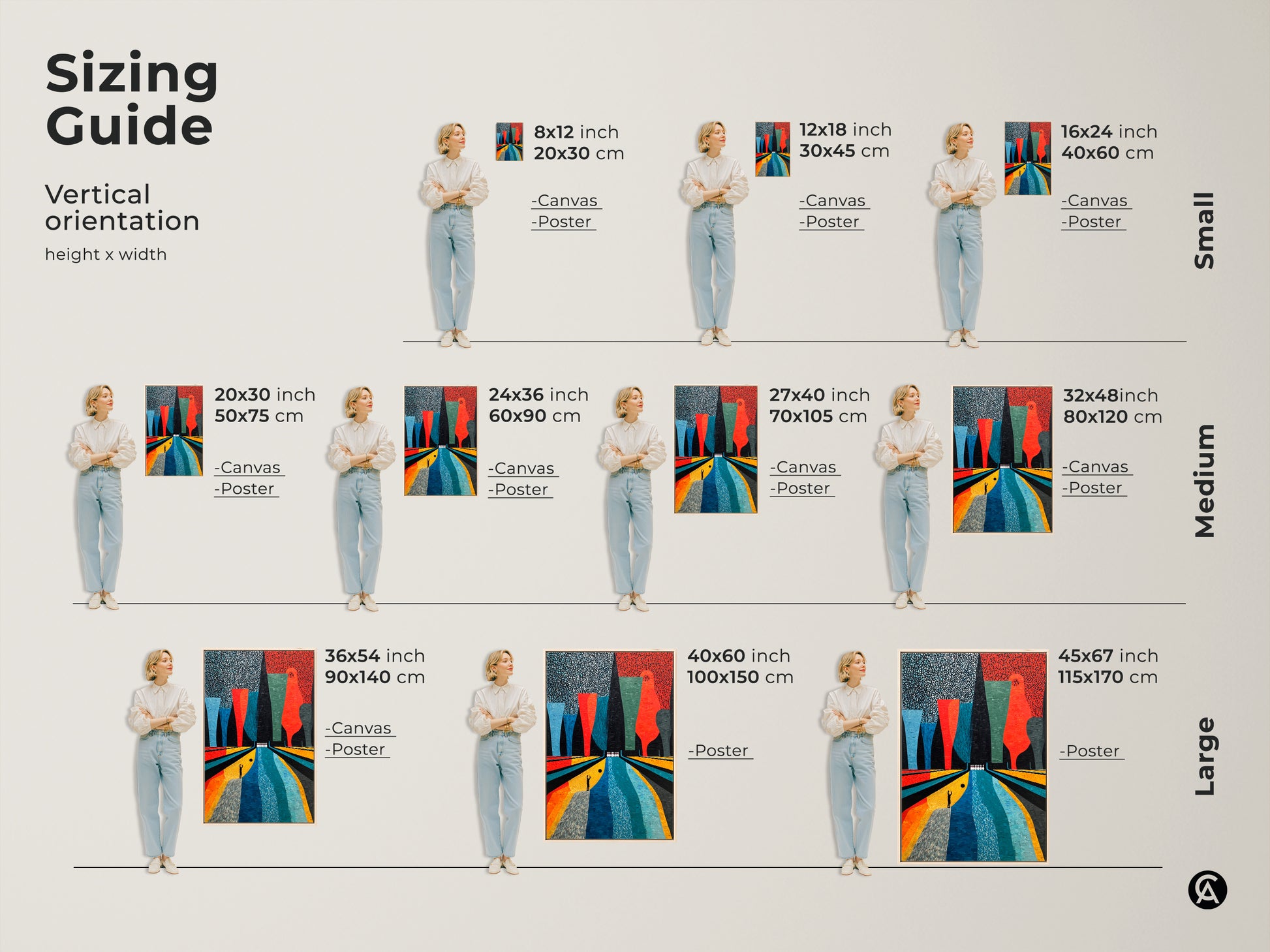 Explore the sizing guide for vertical abstract bowling art. Available in small medium and large canvas or poster prints. Find the perfect fit for your space. The Mid-Century Modern artwork in Orange Yellow and Teal enhances any room. Decorate with this retro inspired design. A perfect gift for bowling lovers.