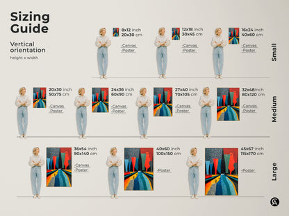 Explore the sizing guide for vertical abstract bowling art. Available in small medium and large canvas or poster prints. Find the perfect fit for your space. The Mid-Century Modern artwork in Orange Yellow and Teal enhances any room. Decorate with this retro inspired design. A perfect gift for bowling lovers.