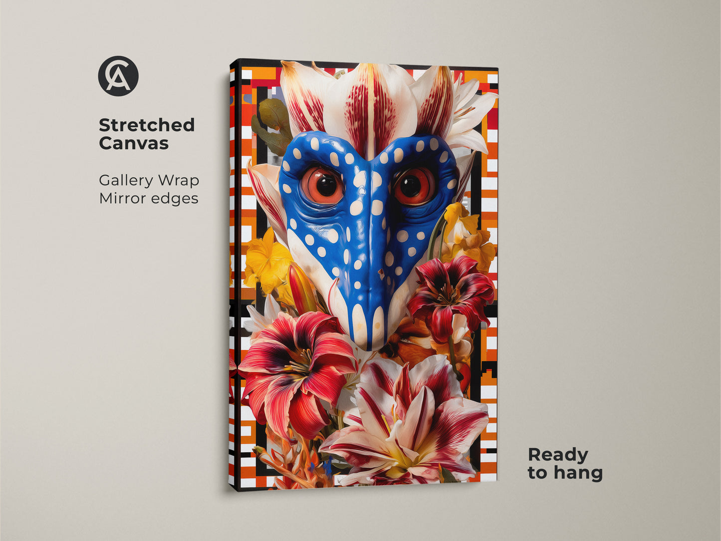 This stretched canvas print features a surreal mandrill face art. It is decorated with red and white lilies plus other flowers. This ready-to-hang eclectic animal wall art is a unique pop art collage artwork.
